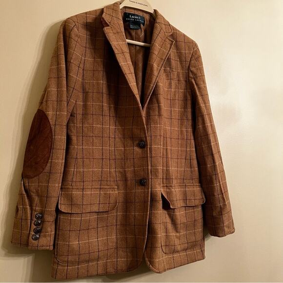 VTG Lauren Ralph Lauren Brown Plaid Blazer windowpane plaid elbow pads 6 - Picture 2 of 8